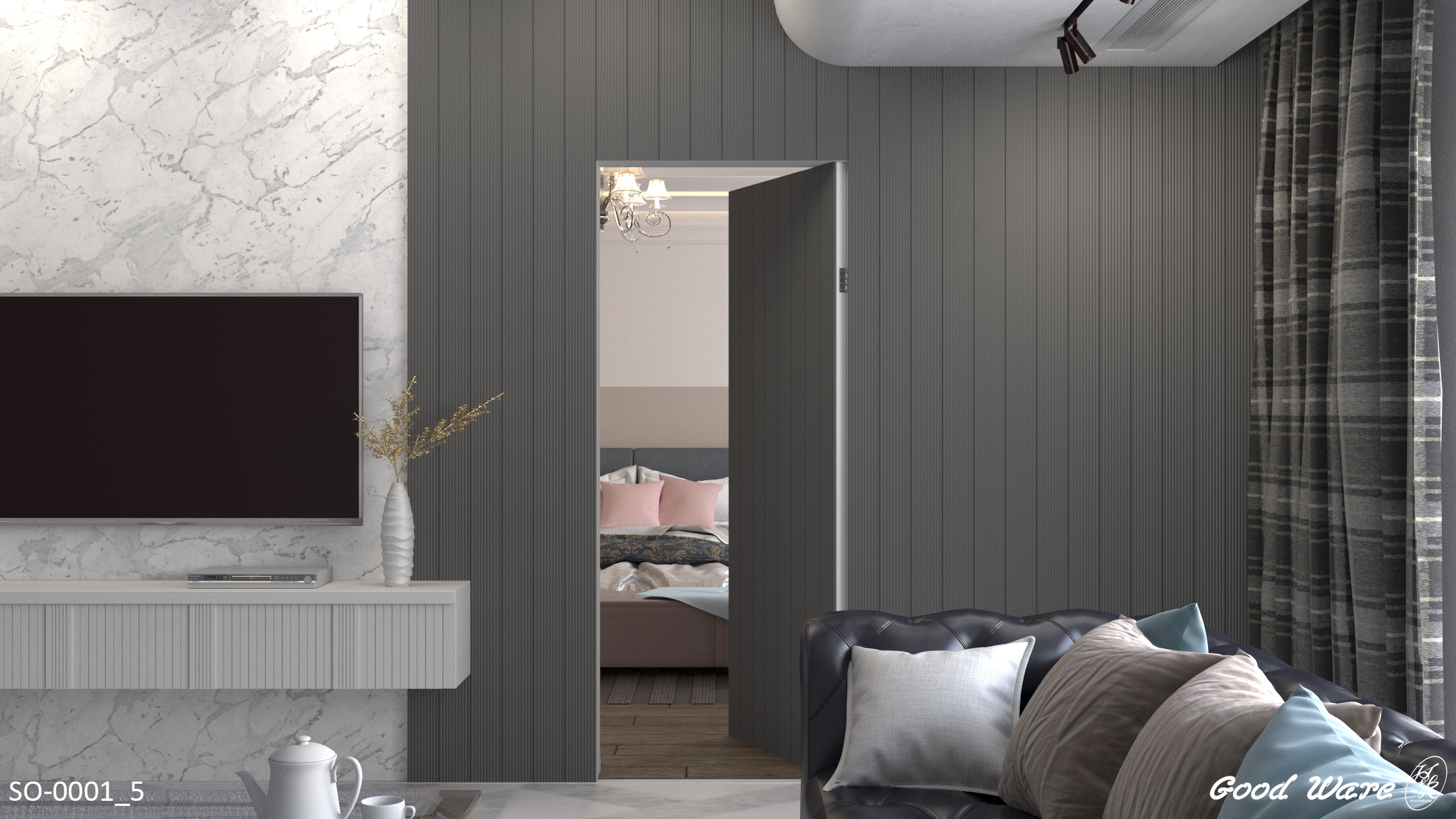 格柵設計以線板排列用於隱藏門-客廳往臥房入口模擬圖