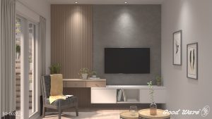 格柵板用於局部牆面效果-客廳模擬圖